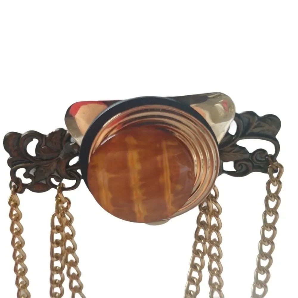 Art Deco  Style Pin, Gold, Amber Resin, Chains - Picture 2 of 4